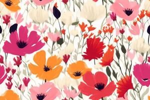 Vector seamless pattern with hand drawing wild flowers, colorful botanical illustration, floral elements, hand drawn repeatable background. Artistic backdrop. generative ai. photo