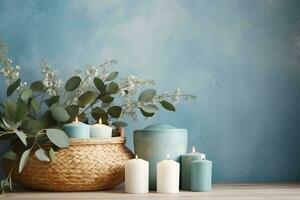 Burning candles, basket and vase with eucalyptus against blue background, generative ai. photo