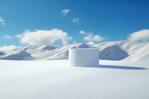 Minimal product background for Christmas and winter holiday concept. White podium and snow drifts on blue sky. 3d rendering. generative ai. photo