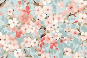 Abstract floral seamless pattern. Bright colors, painting on a light background. Cherry blossoms. generative ai photo