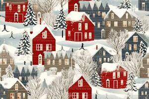 Winter houses for Christmas fabrics and decor. Seamless pattern. generative ai. photo