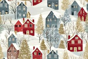 Winter houses for Christmas fabrics and decor. Seamless pattern. generative ai. photo