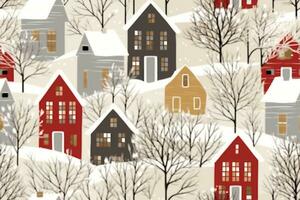 Winter houses for Christmas fabrics and decor. Seamless pattern. generative ai. photo