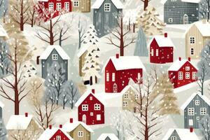 Winter houses for Christmas fabrics and decor. Seamless pattern. generative ai. photo