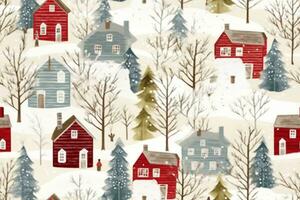 Winter houses for Christmas fabrics and decor. Seamless pattern. generative ai. photo