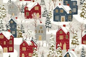 Winter houses for Christmas fabrics and decor. Seamless pattern. generative ai. photo