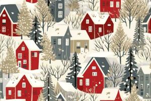 Winter houses for Christmas fabrics and decor. Seamless pattern. generative ai. photo