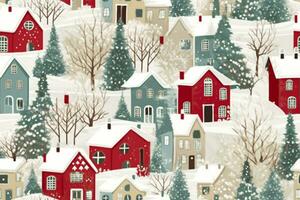 Winter houses for Christmas fabrics and decor. Seamless pattern. generative ai. photo