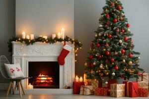Interior of living room with fireplace, presents and Christmas tree. generative ai. photo
