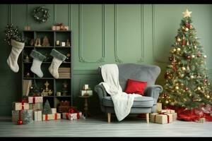 interior de hermosa habitación decorado para Navidad. generativo ai. foto