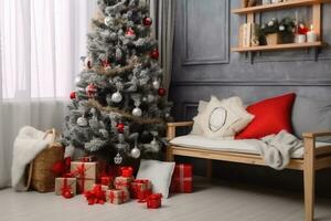 Interior of modern room with Santa bag, treats and Christmas tree.generative ai. photo