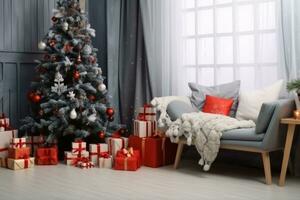 Interior of modern room with Santa bag, treats and Christmas tree.generative ai. photo