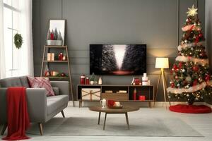 Stylish living room interior with modern TV and Christmas tree. generative ai. photo