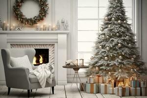 New year tree in scandinavian style interior with christmas decoration and fireplace. generative ai. photo