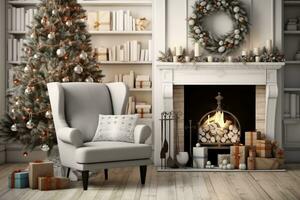 New year tree in scandinavian style interior with christmas decoration and fireplace. generative ai. photo