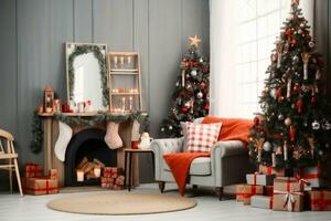 Stylish living room interior with decorated Christmas tree. generative ai. photo