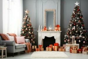 Stylish living room interior with decorated Christmas tree. generative ai. photo