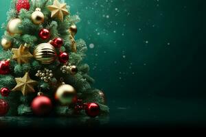 Decorated with ornaments and lights Christmas tree on dark green background. Merry Christmas and Happy Holidays greeting card, frame, banner. generative ai. photo