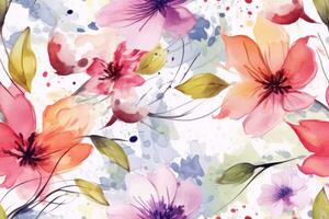 acuarela pintura vistoso salpicaduras en un blanco floral antecedentes flor hoja. generativo ai. foto