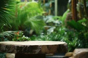 Table top wood counter floor podium in nature outdoors tropical forest garden blurred green jungle plant background.natural product present placement pedestal stand display. generative ai. photo