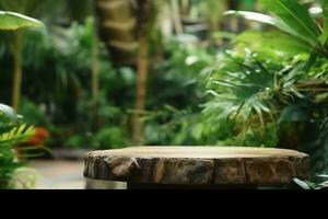 Table top wood counter floor podium in nature outdoors tropical forest garden blurred green jungle plant background.natural product present placement pedestal stand display. generative ai. photo