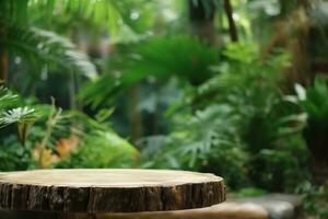 Table top wood counter floor podium in nature outdoors tropical forest garden blurred green jungle plant background.natural product present placement pedestal stand display. generative ai. photo