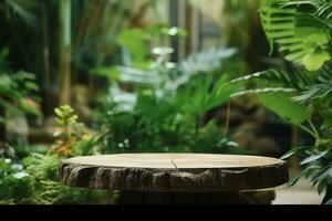 Table top wood counter floor podium in nature outdoors tropical forest garden blurred green jungle plant background.natural product present placement pedestal stand display. generative ai. photo