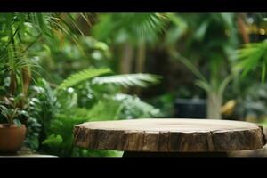 Table top wood counter floor podium in nature outdoors tropical forest garden blurred green jungle plant background.natural product present placement pedestal stand display. generative ai. photo