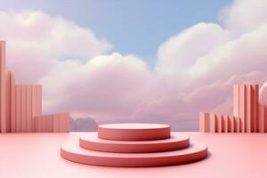 Background vector 3d pink rendering with podium and minimal cloud scene, minimal product display background 3d rendered geometric shape sky cloud pink pastel. generative ai. photo