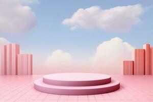 Background vector 3d pink rendering with podium and minimal cloud scene, minimal product display background 3d rendered geometric shape sky cloud pink pastel. generative ai. photo