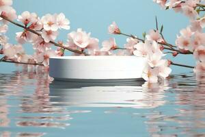 White product display podium with water reflection and blossom flowers on blue background. 3D rendering. generative ai. photo