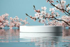 White product display podium with water reflection and blossom flowers on blue background. 3D rendering. generative ai. photo