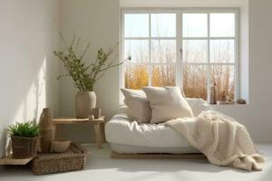 Cozy living room interior with beige sofa, knitted blanket and cushions.generative ai. photo