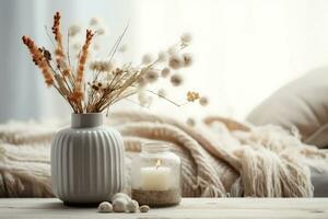 a minimalistic composition in the scandinavian style with dried flowers in a vase and candles.generative ai. photo