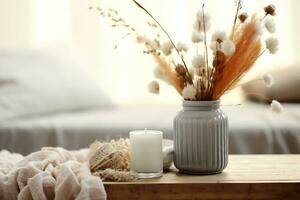 a minimalistic composition in the scandinavian style with dried flowers in a vase and candles.generative ai. photo