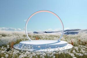 Abstact 3d render Natural background, White podium on the snow ground and flowers field, backdrop glass arch and clear sky for product display, advertising, cosmetic or etc. generative ai. photo
