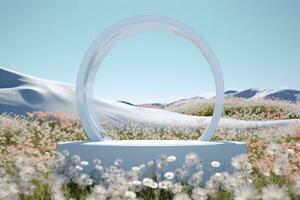 Abstact 3d render Natural background, White podium on the snow ground and flowers field, backdrop glass arch and clear sky for product display, advertising, cosmetic or etc. generative ai. photo