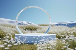 Abstact 3d render Natural background, White podium on the snow ground and flowers field, backdrop glass arch and clear sky for product display, advertising, cosmetic or etc. generative ai. photo