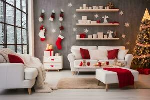 hermosa Holdiay decorado habitación con Navidad árbol con regalos debajo él. generativo ai. foto
