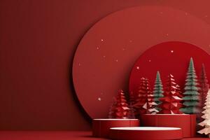 Abstract minimal mock up scene. geometry podium shape for show cosmetic product display. stage pedestal or platform. winter christmas red background with tree xmas. generative ai. photo