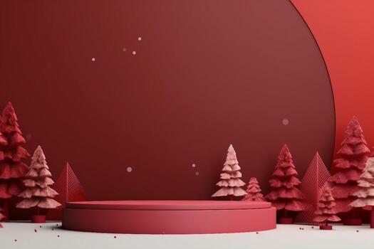 Abstract minimal mock up scene. geometry podium shape for show cosmetic product display. stage pedestal or platform. winter christmas red background with tree xmas. generative ai. photo