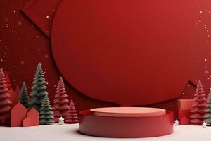 Abstract minimal mock up scene. geometry podium shape for show cosmetic product display. stage pedestal or platform. winter christmas red background with tree xmas. generative ai. photo