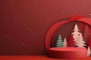 Abstract minimal mock up scene. geometry podium shape for show cosmetic product display. stage pedestal or platform. winter christmas red background with tree xmas. generative ai. photo