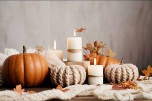 Autumn table decoration. Interior decor for fall holidays with handmade pumpkins and candles. Holiday greeting card, generative ai photo