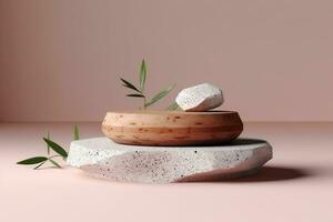 Terrazzo marble podium with rounded wood for product presentation. Natural beauty pedestal, relaxation and health, 3d illustration. generative ai. photo