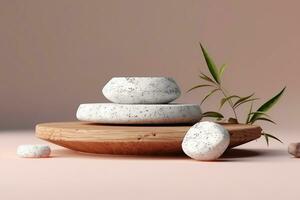 Terrazzo marble podium with rounded wood for product presentation. Natural beauty pedestal, relaxation and health, 3d illustration. generative ai. photo