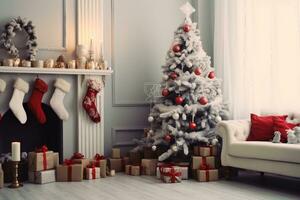 hermosa Holdiay decorado habitación con Navidad árbol con regalos debajo él. generativo ai. foto