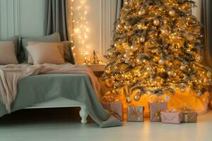 Bright glowing Christmas tree in living room in evening. Christmas tree with lights glowing garlands and gifts. Interior design bedroom. generative ai. photo