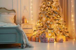 brillante brillante Navidad árbol en vivo habitación en noche. Navidad árbol con luces brillante guirnaldas y regalos. interior diseño dormitorio. generativo ai. foto