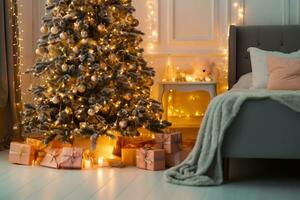 Bright glowing Christmas tree in living room in evening. Christmas tree with lights glowing garlands and gifts. Interior design bedroom. generative ai. photo